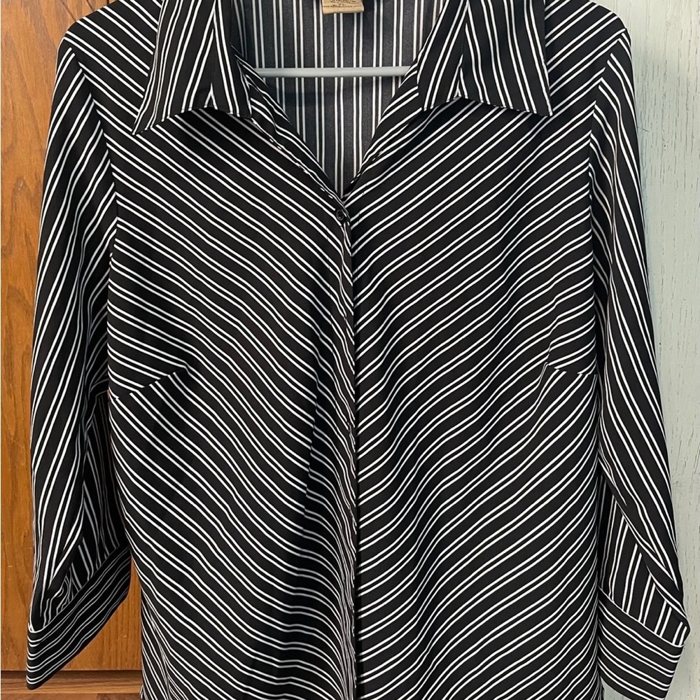 Notations Black and White Diagonal Striped Blouse